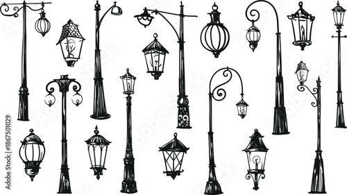 Vintage street lanterns vector set isolated on transparent background. Lamp post silhouettes hand drawn sketch illustration