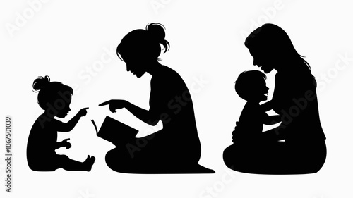 a silhouette depicts a heartwarming scene with a mother reading to her two young daughters fostering a love for literature and bonding high quality professional detailed