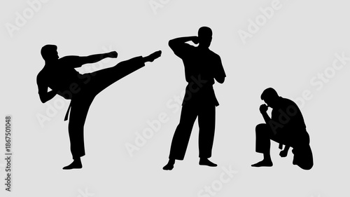 a striking silhouette of three martial artists engaged in dynamic movement showcasing a powerful kick and focused postures against a neutral backdrop high quality professional detailed