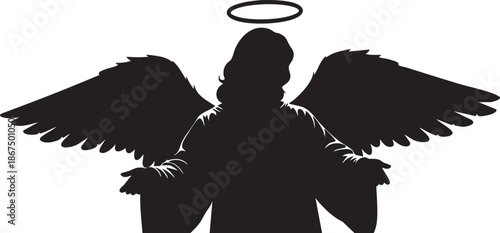 Black silhouette of an angel with wings and halo against a white background