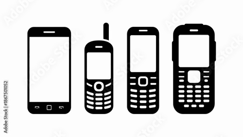 a visual depiction displays four different mobile phone designs ranging from sleek smartphones to classic feature phones presented in black silhouette high quality professional detailed modern