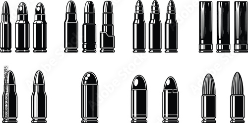 Vector Black and White Set of Various Bullet Types and Ammunition Shells for Military Weaponry Tactical Defense and Ballistics Design