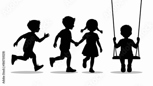 a silhouette depiction showcases four children engaged in playful outdoor activities including running and swinging evoking a sense of childhood joy high quality professional detailed modern