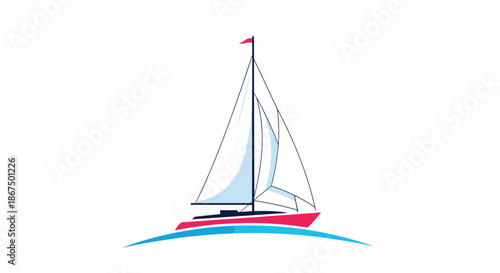 Red and white sailboat gliding across blue ocean waves depicted in a clean and modern flat illustration style for travel.