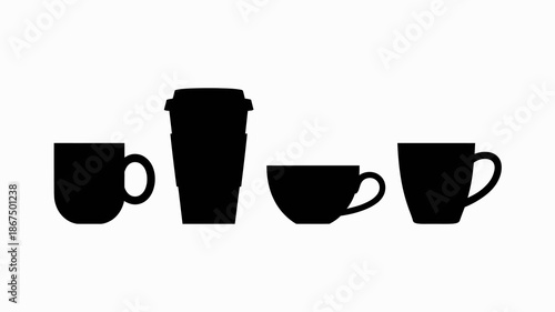 a minimalist depiction of various coffee and tea containers in black silhouette against a stark white background showcasing drinkware high quality professional detailed modern elegant stylish
