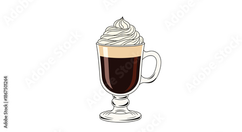 Hot coffee drink served in a clear glass mug topped with a generous swirl of delicious whipped cream on white background.