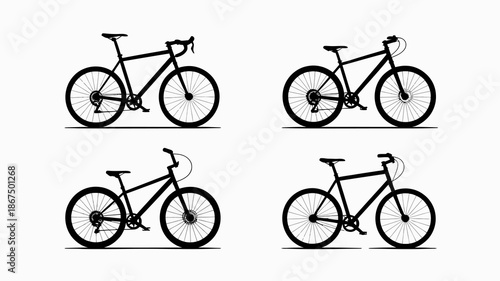 A minimalist illustration showcases four distinct silhouettes of bicycles presenting a variety of frame styles and handlebar configurations in black high quality professional detailed modern elegant