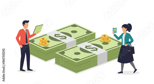 Professional man and woman standing next to giant stacks of cash symbolize financial success and business wealth accumulation.