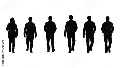 A row of six black silhouettes of people walking forward