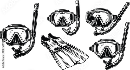 Snorkeling gear illustration set, mask snorkel fin designs, water sport equipment pack, cad drawing flat vector artwork