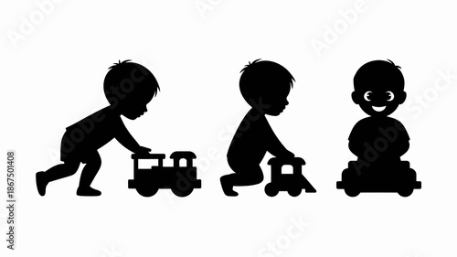 a black silhouette illustration depicts three stages of a child playing with toy cars from crawling to sitting upright high quality professional detailed modern elegant stylish