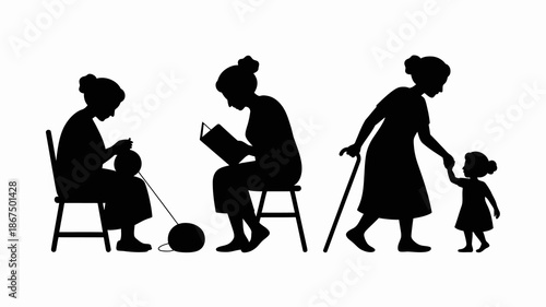 a silhouette depicts the stages of life showcasing a young child an adult reading and an elderly woman walking with support high quality professional detailed modern