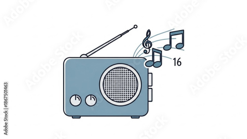 A blue vintage radio with music notes coming out of it on a white background