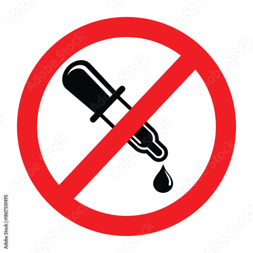 Green no dropper symbol, medical pipette with liquid droplet crossed out inside circle, vector icon for chemical free, no additives, preservative free, non toxic products, isolated on white background