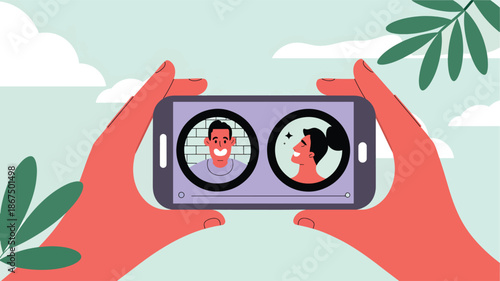 Hands holding smartphone displaying two profile portraits in call mobile phone