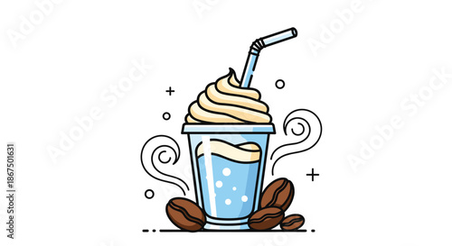 Iced coffee beverage in a plastic cup with a dome lid and straw surrounded by roasted coffee beans and artistic swirls.