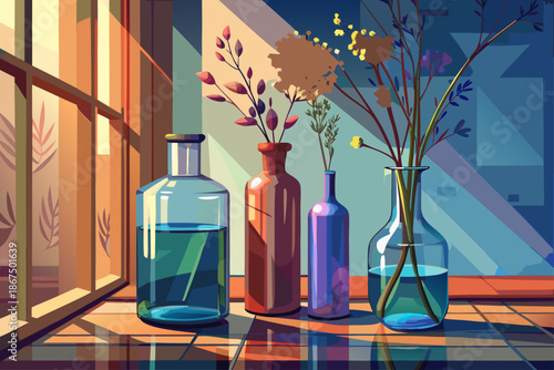 A clear glass bottle and a vase containing delicate dry flowers creating a chaotic nature, minimal soft light, aesthetics, peace and interior mood stock photography