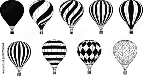 Hot air balloon silhouette set, black white envelope pattern variations, cad line drawing flat vector artwork collection