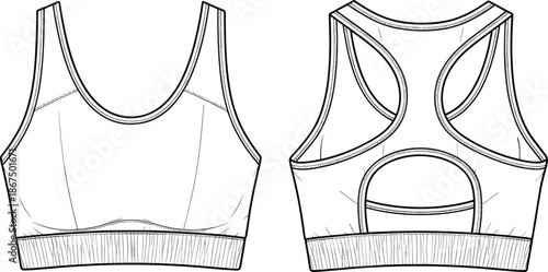 Sports bra technical fashion illustration, front back view, racerback keyhole seam detail, cad line drawing flat vector artwork