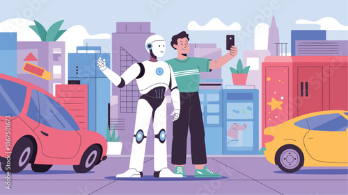 Man and robot taking a selfie on a city street with cars and buildings smartphone taking city