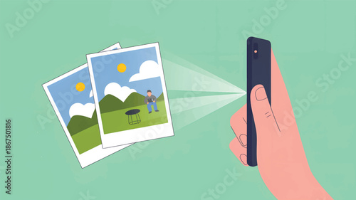 Hand holding smartphone projecting onto green background