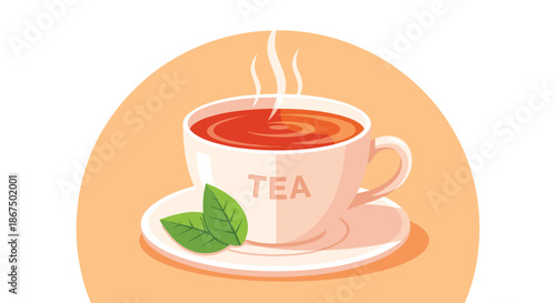 Warm cup of tea served on a matching saucer with steam rising and fresh green tea leaves for a relaxing break theme.