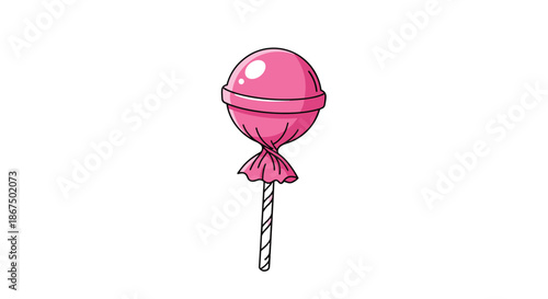 Sweet pink lollipop wrapped in crinkled paper on a striped stick depicted in a colorful and fun cartoon illustration style.