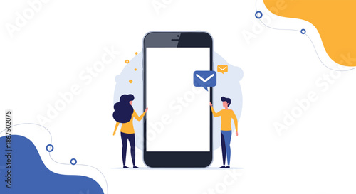 Small characters standing next to a giant smartphone with a blank screen and notification bubbles for communication concepts.