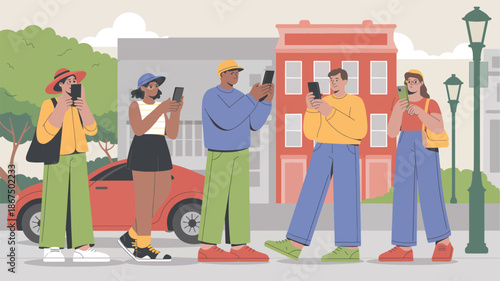 Five people on a city street are looking at smartphones, mobile phone technology, and communication