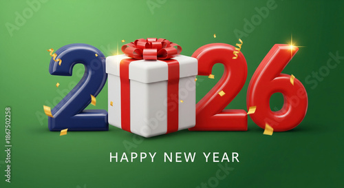 A vibrant, digital illustration celebrating the New Year 2026. The number 2 appears in a dark, glossy blue, juxtaposed