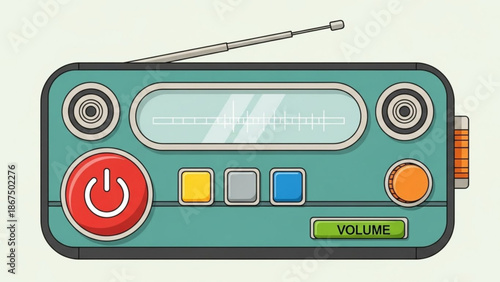 Vintage turquoise retro style radio with antenna and colorful buttons on white background