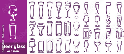 Beer glass,beer glass set.drink pub and brewery editable stroke outline icons set 