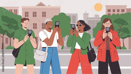 Four diverse people in casual clothing holding smartphones taking outdoors group friends urban