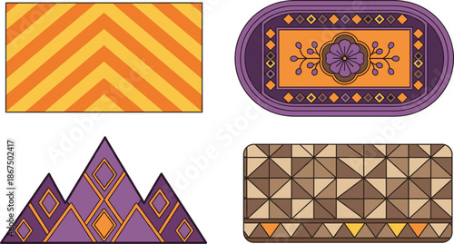 Decorative geometric rug and carpet collection vector illustration with ethnic patterns isolated on white background for interior design