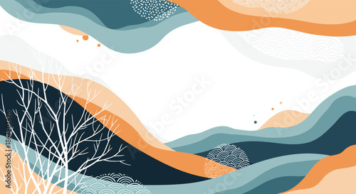 Abstract Japanese style landscape background with flowing waves, orange hills, and bare white tree branches in artistic style.
