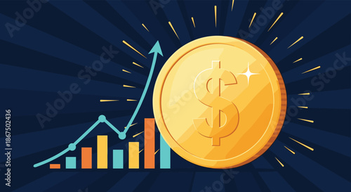 Large golden dollar coin positioned next to a rising bar graph and arrow symbolizing economic growth and financial success.