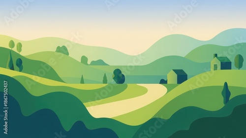 A serene landscape with rolling hills, trees, and a winding path in a modern flat vector illustration