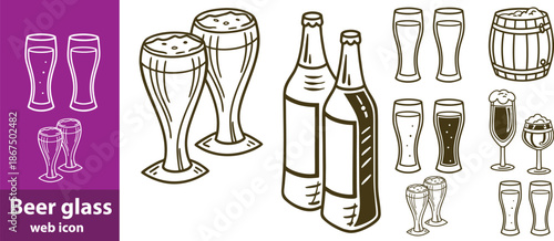 Beer glass,beer glass set.drink pub and brewery editable stroke outline icons set 