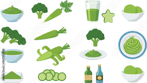 Green Vegetable and Healthy Food Illustration Set with Broccoli, Spinach, Cucumber, Smoothies, and Organic Nutrition Elements for Diet Designs