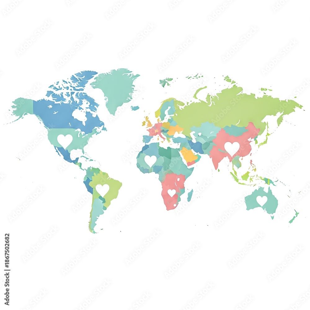 Obraz premium A colorful world map illustration highlighting various countries with heart symbols on a white background from a global viewpoint