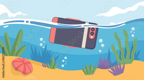 Dark blue smartphone with coral case submerged in blue water with sand and plants
