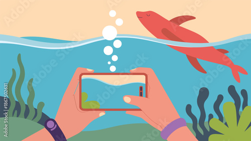 Hands holding smartphone photographing red dolphin underwater with seaweed ocean