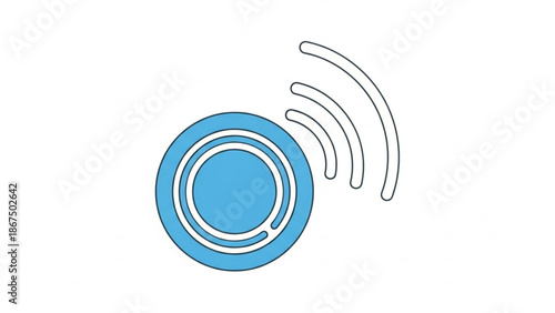 A blue circle with white rings emitting wireless signal waves on a white background