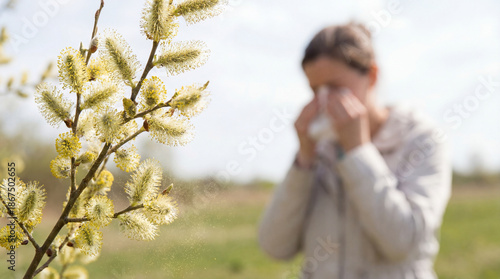 Woman sneezes near willow pollen. Pollen dust rises from catkins, seasonal allergies concept for spring pollen season, pollen count alerts, allergy relief tips, soft bokeh, copy space
