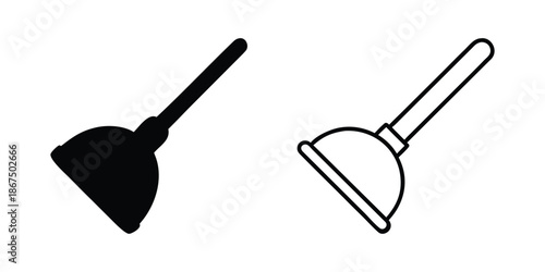 Toilet Plunger Icon Set: Solid and Outline Vector for Bathroom and Plumbing