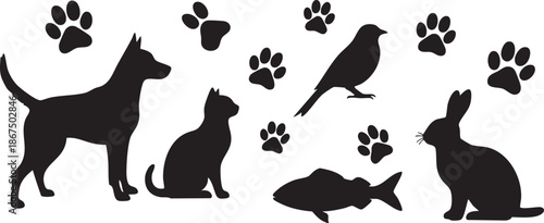 Black silhouettes of dog cat bird rabbit fish and paw prints on white background 1