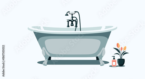 Classic white clawfoot bathtub with a vintage style faucet and shower head next to a small potted plant and soap bottle.