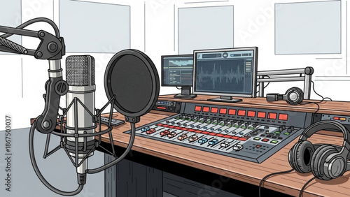Professional recording studio setup with microphone mixing board and headphones on a wooden desk