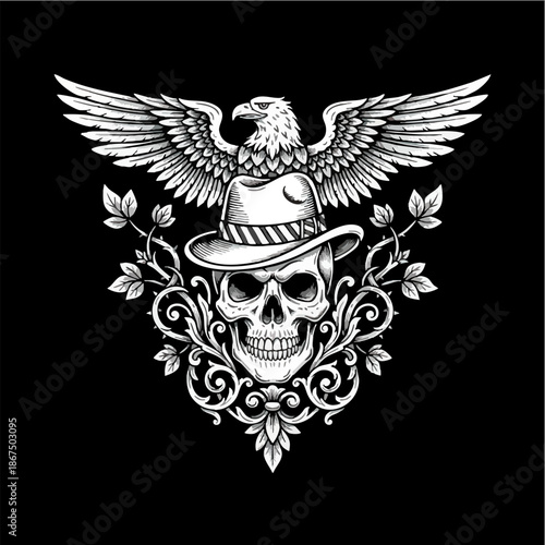 Vintage Skull Illustration with Eagle and Ornate Design