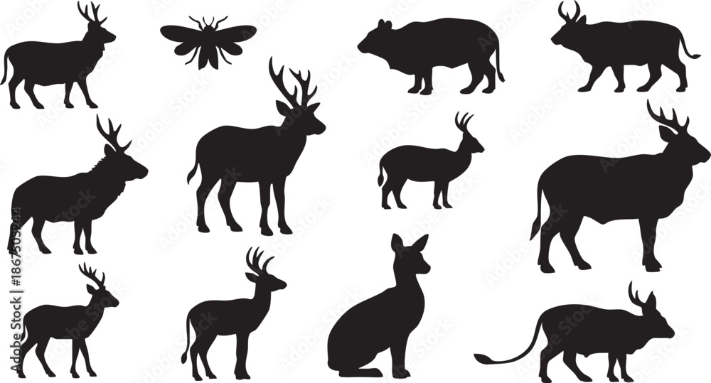 Obraz premium Black silhouettes of various animals including deer goats and a cat on a white background